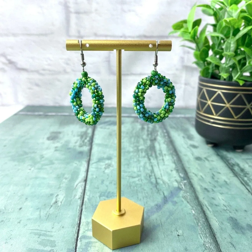 Vintage‎ 80s 90s Beaded Hoop Drop Earrings – Green & Blue Seed Beads Spring